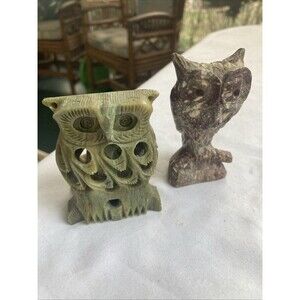 Owl within an Owl Carved Green Marble Owls MCM 1960s -70s Bird USA Soapstone